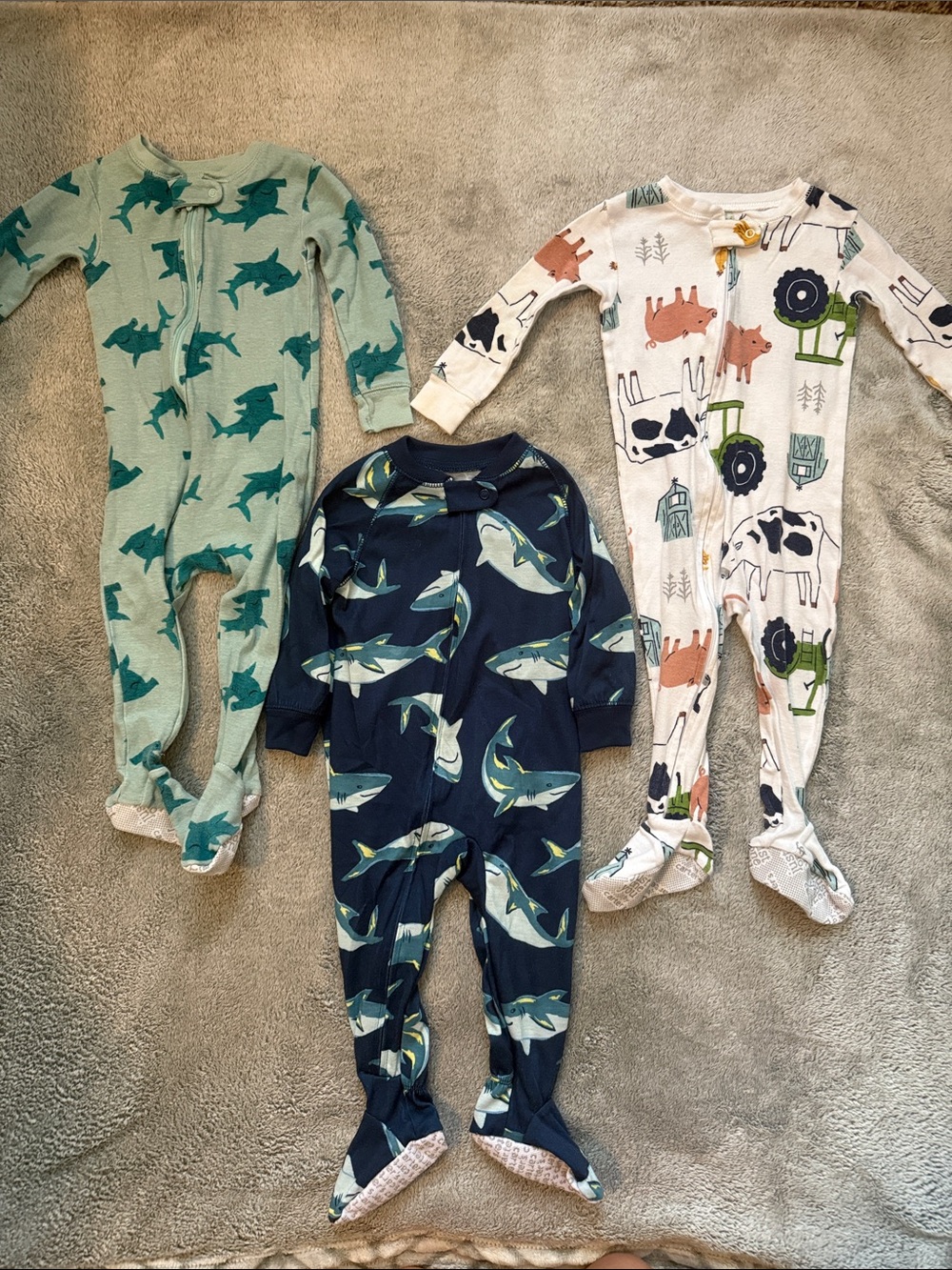 Carters One-Piece Footed Pajamas - Shark & Farm Prints - Navy/Green/White